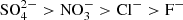 $${\rm{SO}}_4^{2 - } > {\rm{NO}}_3^ - > {\rm{C}}{{\rm{l}}^ - } > {{\rm{F}}^ - }$$
